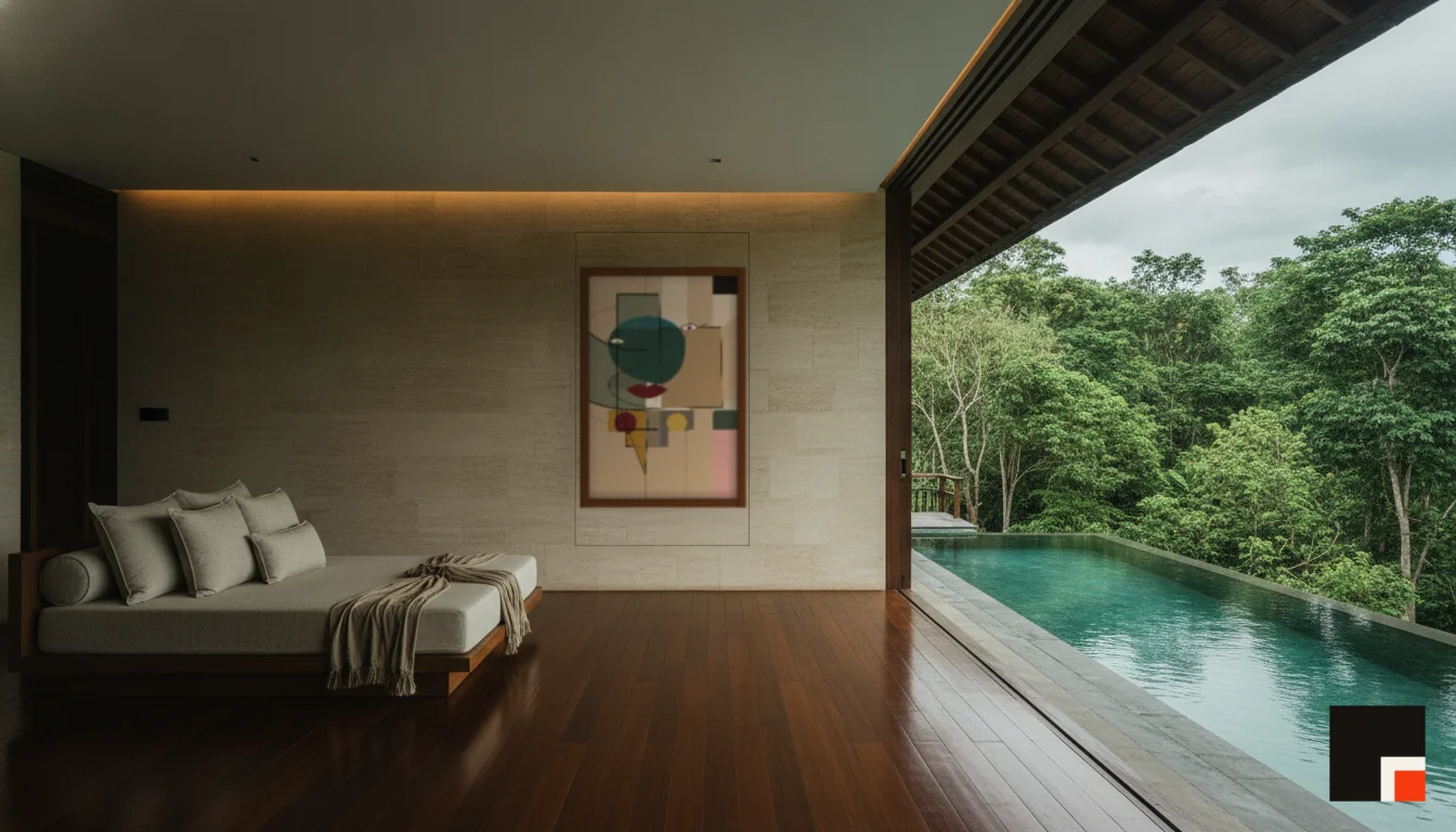 A Lumen & Logic artwork hanging in a Balinese hotel interior — Open-air pavilion · Ubud