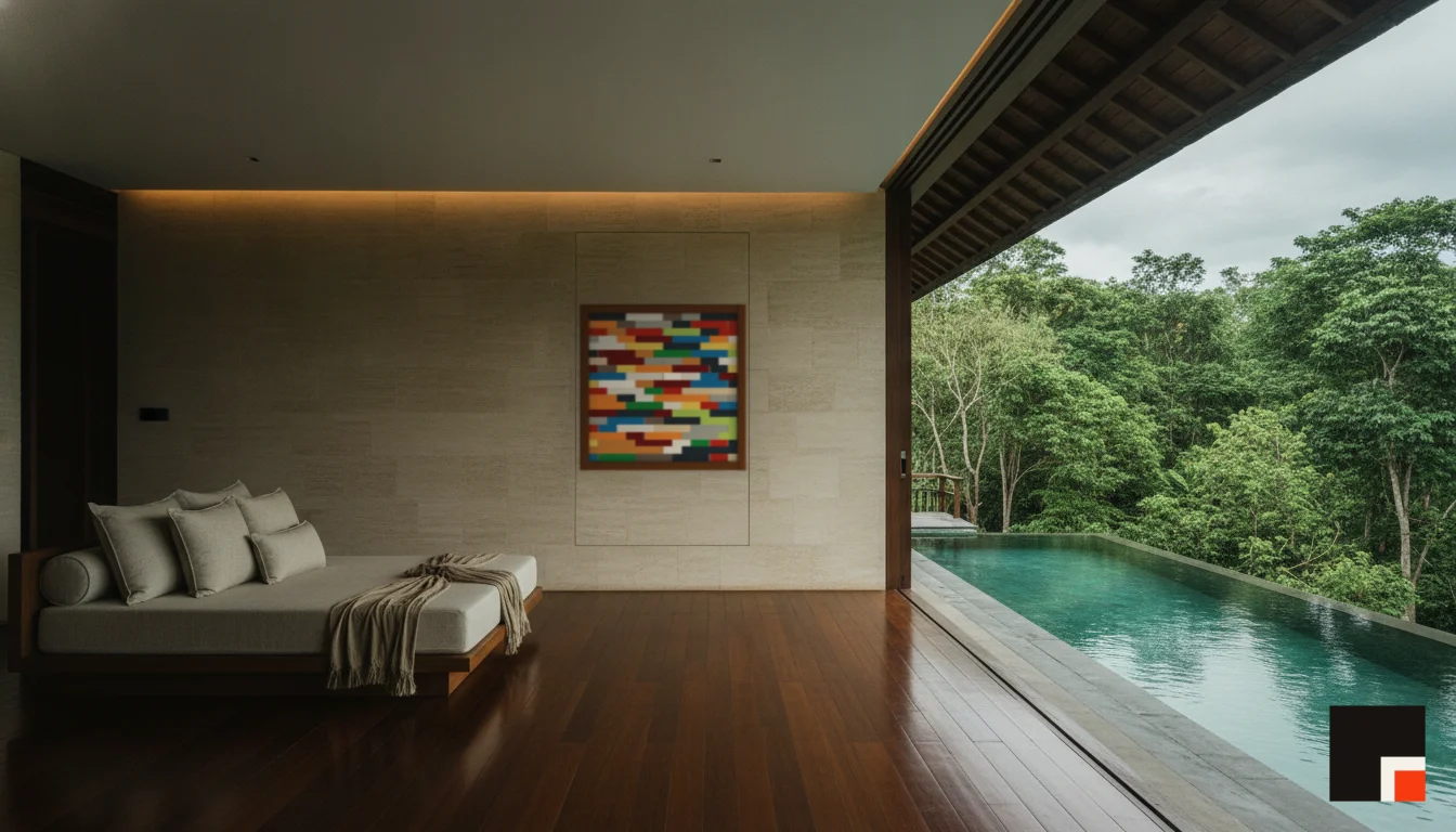 A Lumen & Logic artwork hanging in a Balinese hotel interior — Open-air pavilion · Ubud