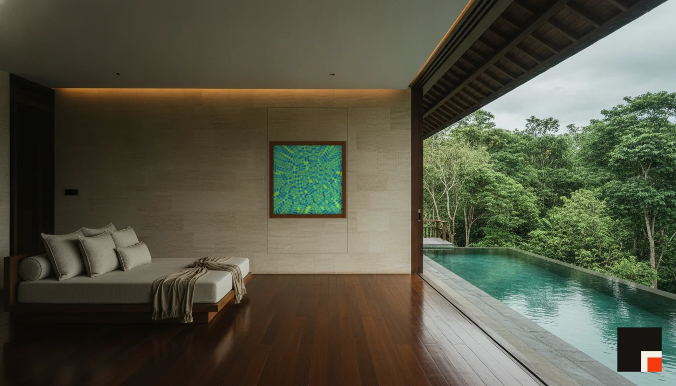 A Lumen & Logic artwork hanging in a Balinese hotel interior — Open-air pavilion · Ubud