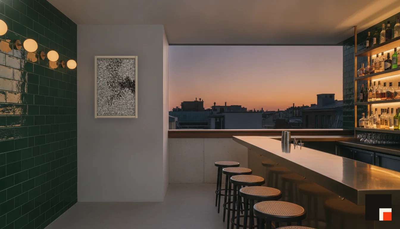 A Lumen & Logic artwork hanging in a Bar hotel interior — Rooftop bar · Lisbon