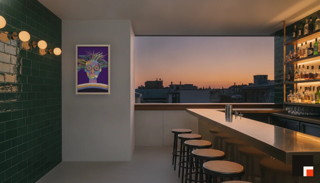 A Lumen & Logic artwork hanging in a Bar hotel interior — Rooftop bar · Lisbon
