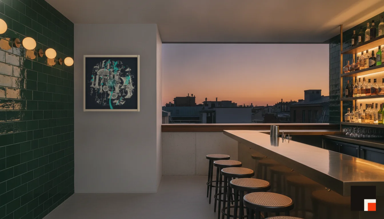 A Lumen & Logic artwork hanging in a Bar hotel interior — Rooftop bar · Lisbon