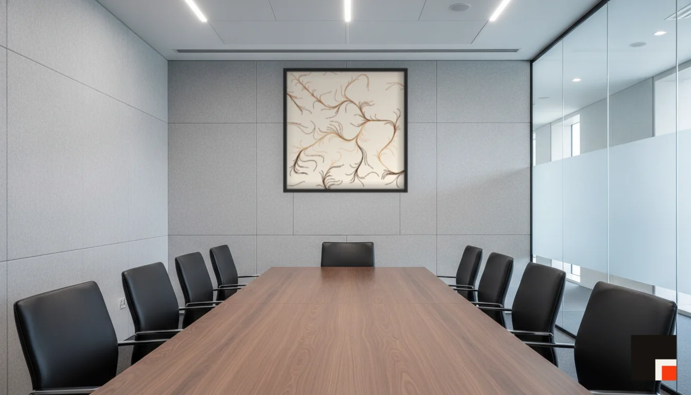 A Lumen & Logic artwork hanging in a Boardroom hotel interior — Meeting room · Frankfurt