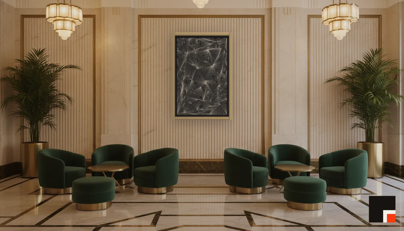 A Lumen & Logic artwork hanging in a Art Deco hotel interior — Lobby lounge · Vienna