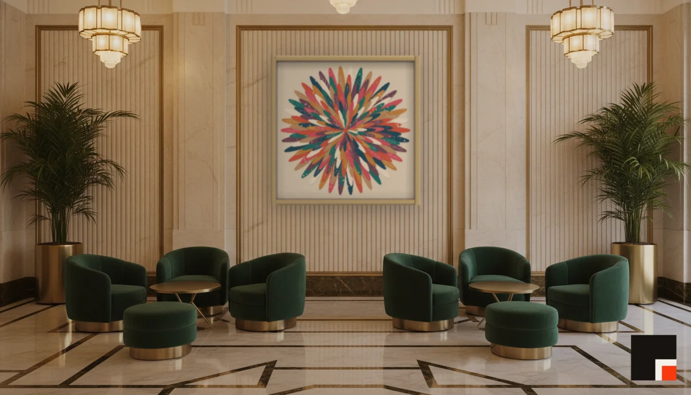 A Lumen & Logic artwork hanging in a Art Deco hotel interior — Lobby lounge · Vienna