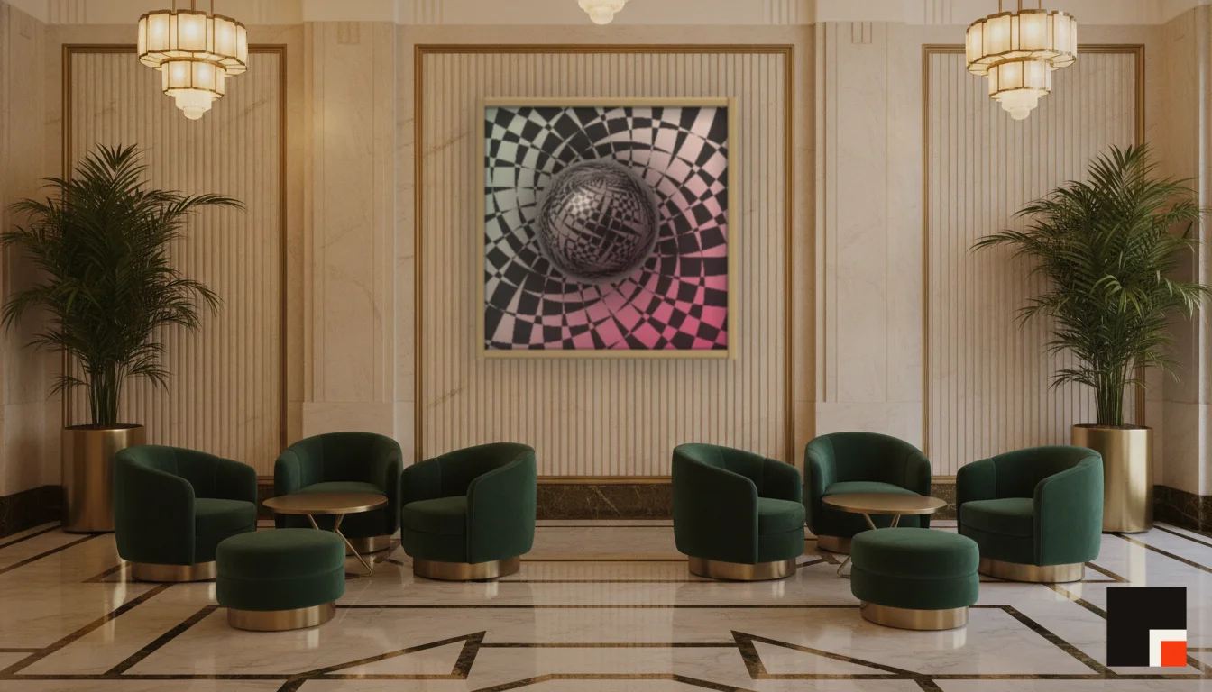 A Lumen & Logic artwork hanging in a Art Deco hotel interior — Lobby lounge · Vienna