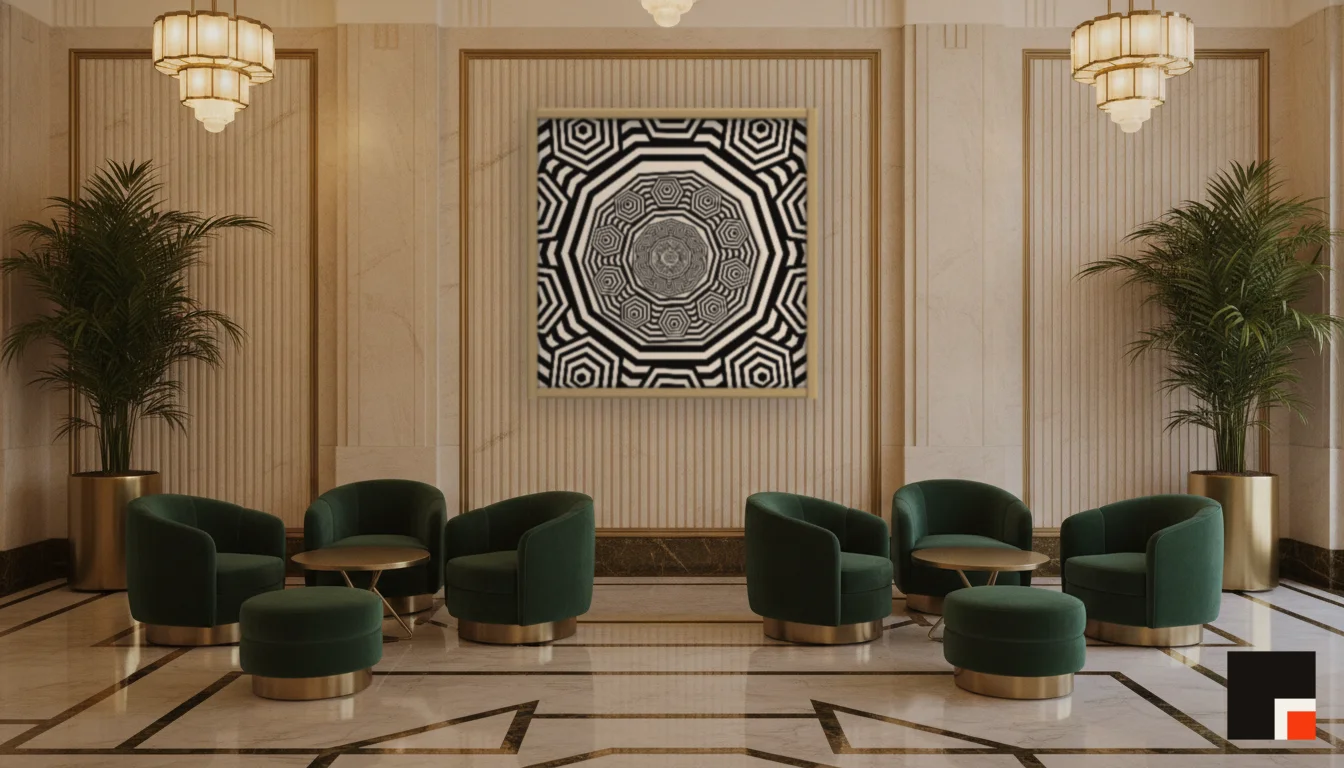 A Lumen & Logic artwork hanging in a Art Deco hotel interior — Lobby lounge · Vienna