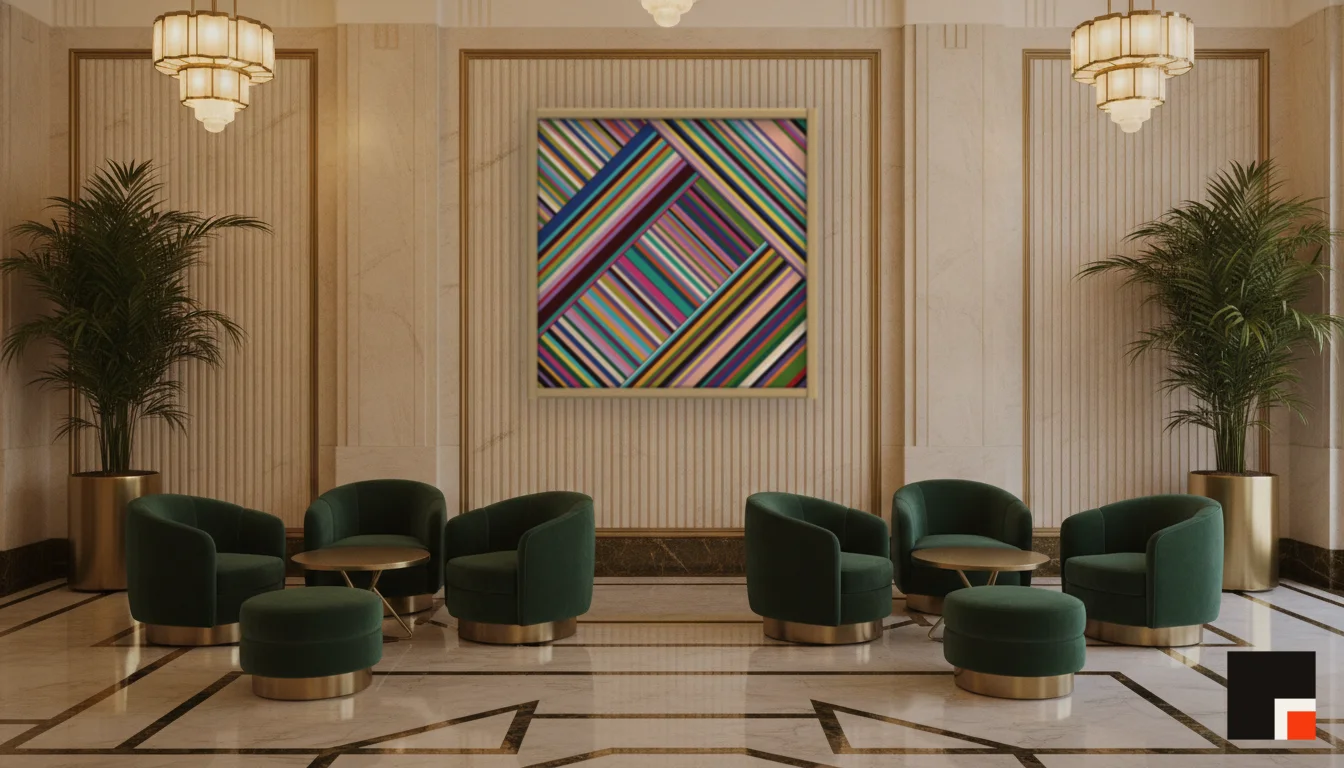 A Lumen & Logic artwork hanging in a Art Deco hotel interior — Lobby lounge · Vienna