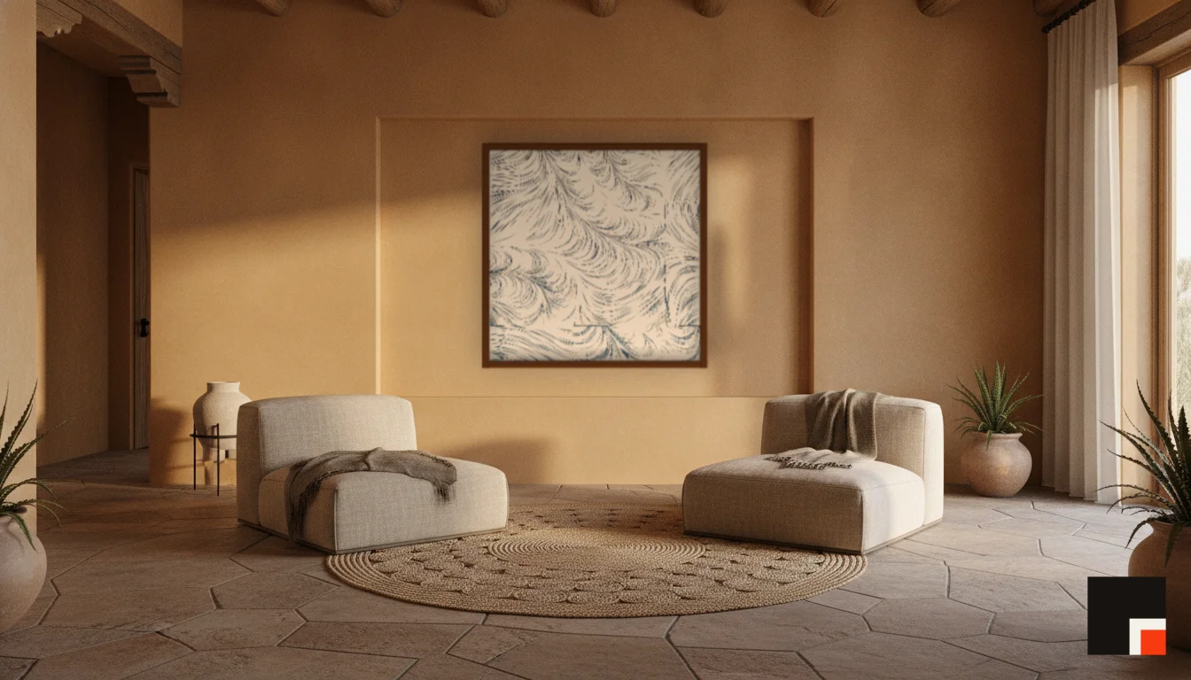 A Lumen & Logic artwork hanging in a Desert hotel interior — Desert retreat · Moab