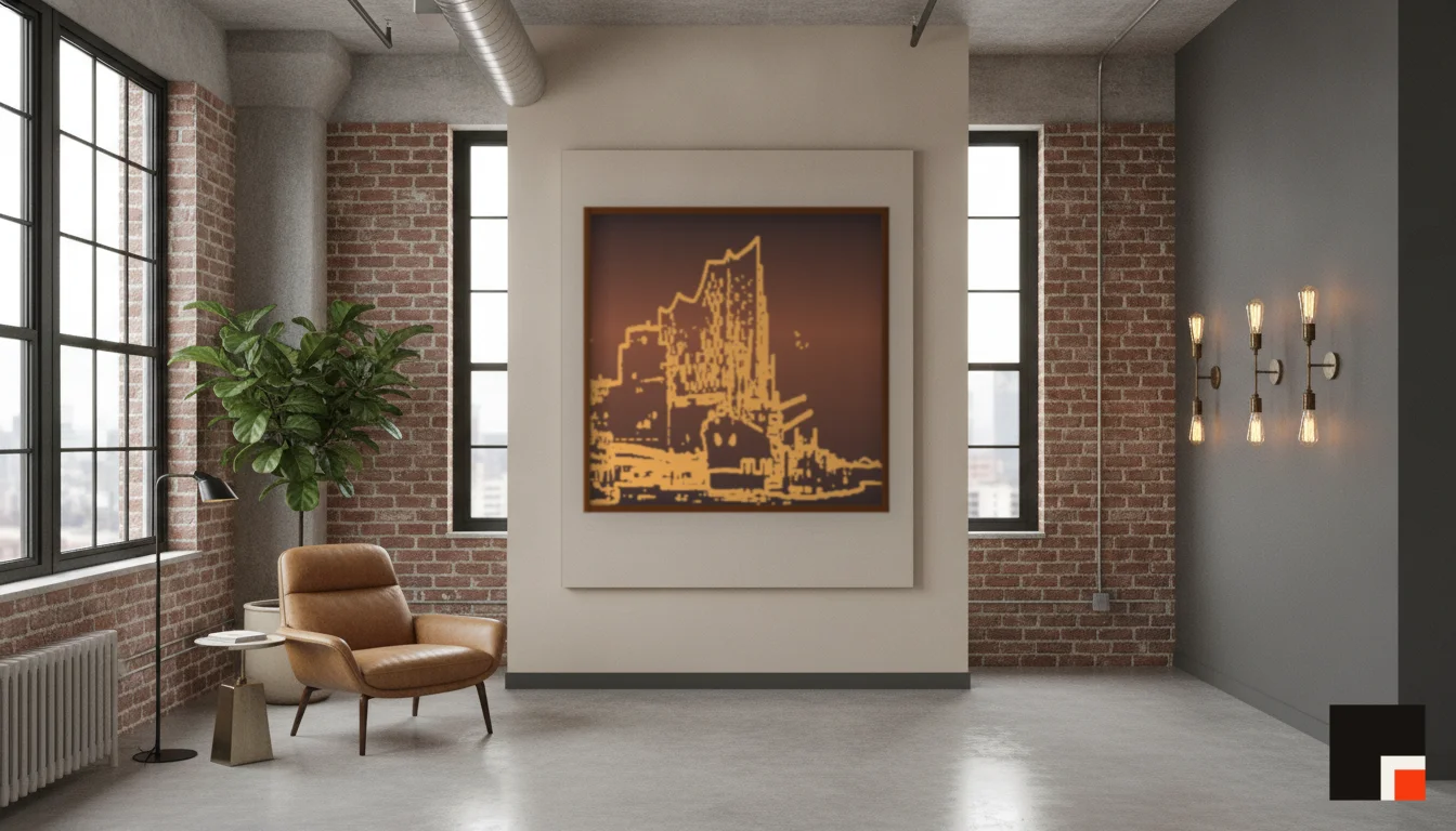 A Lumen & Logic artwork hanging in a Industrial hotel interior — Warehouse loft · Brooklyn
