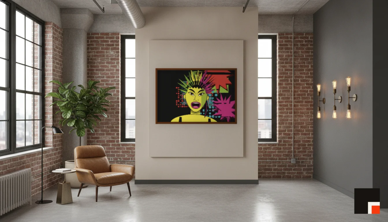 A Lumen & Logic artwork hanging in a Industrial hotel interior — Warehouse loft · Brooklyn