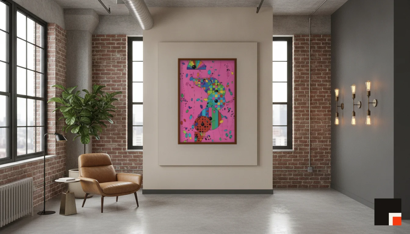A Lumen & Logic artwork hanging in a Industrial hotel interior — Warehouse loft · Brooklyn