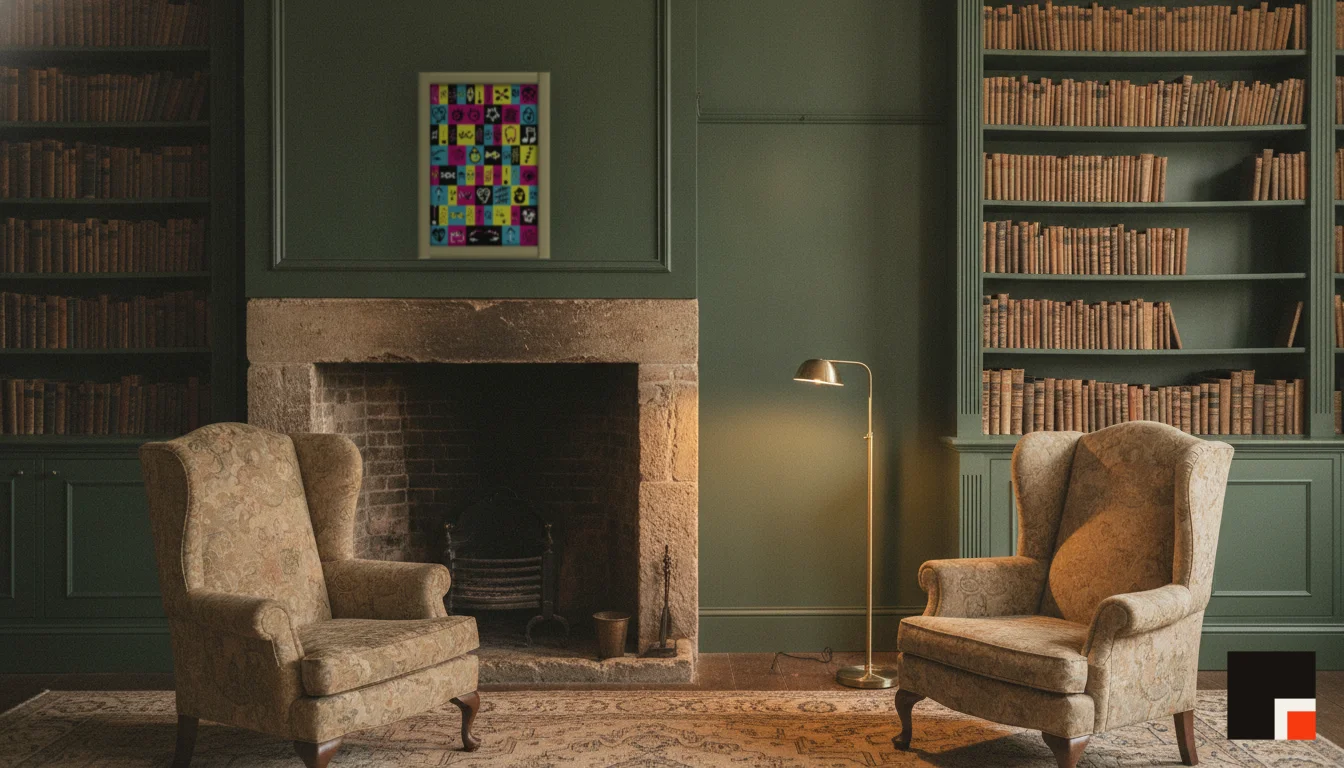 A Lumen & Logic artwork hanging in a Manor hotel interior — Library · Cotswolds