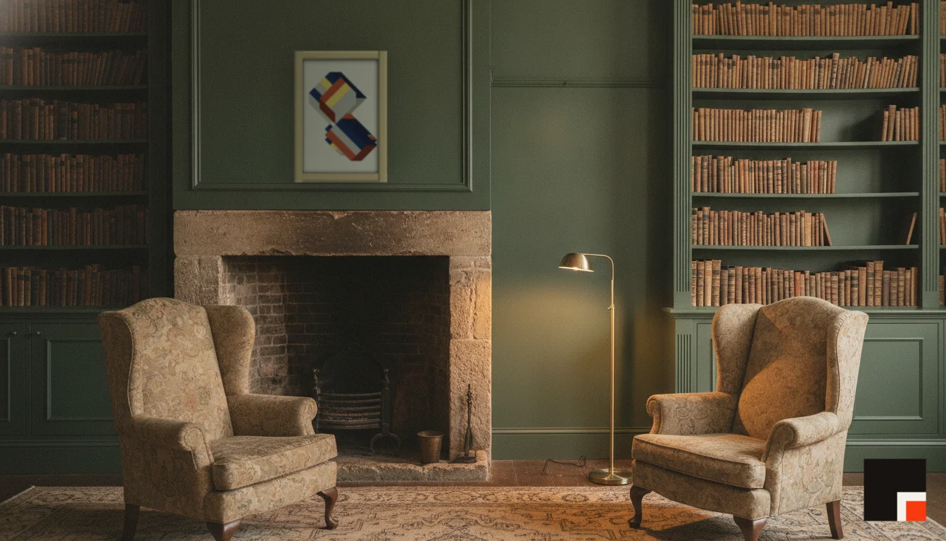 A Lumen & Logic artwork hanging in a Manor hotel interior — Library · Cotswolds
