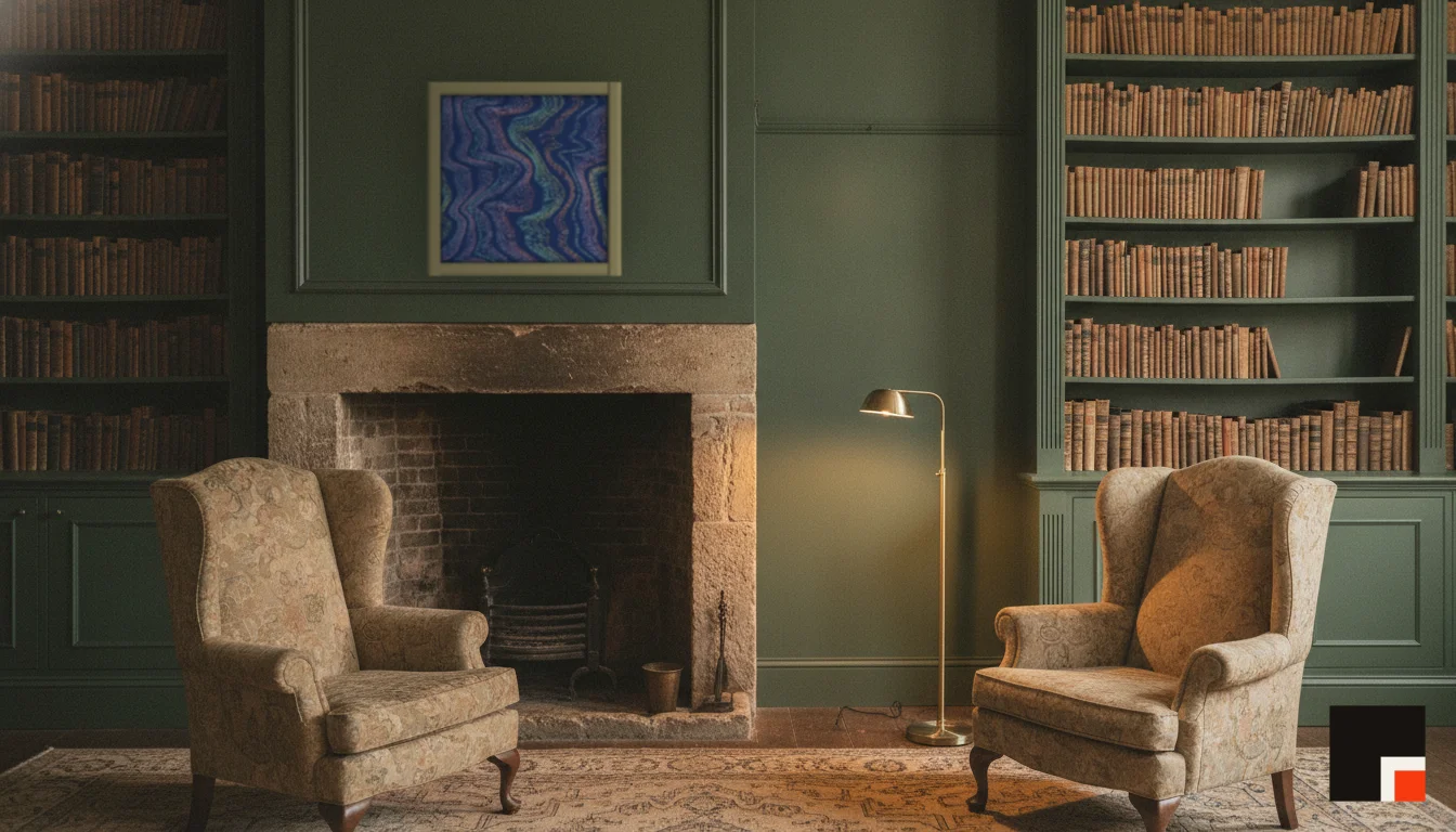 A Lumen & Logic artwork hanging in a Manor hotel interior — Library · Cotswolds