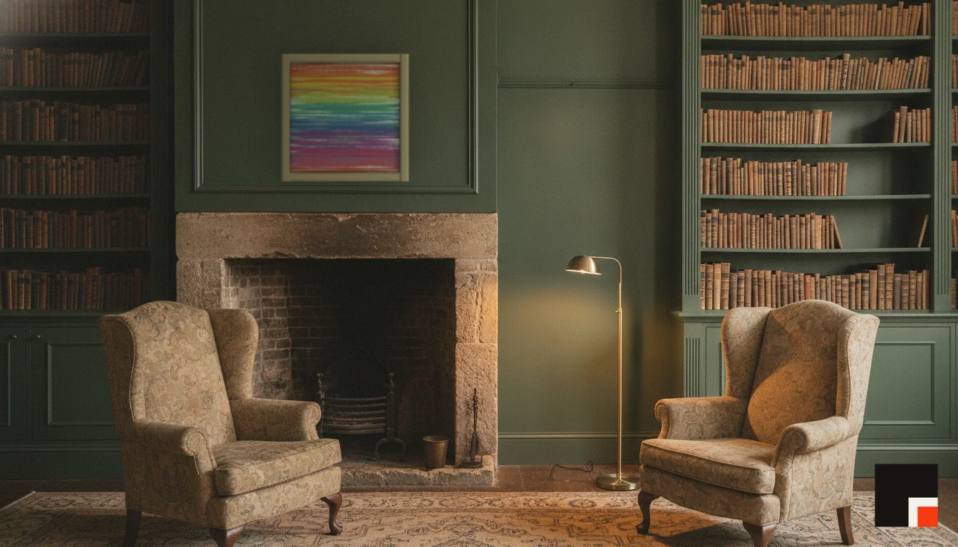 A Lumen & Logic artwork hanging in a Manor hotel interior — Library · Cotswolds