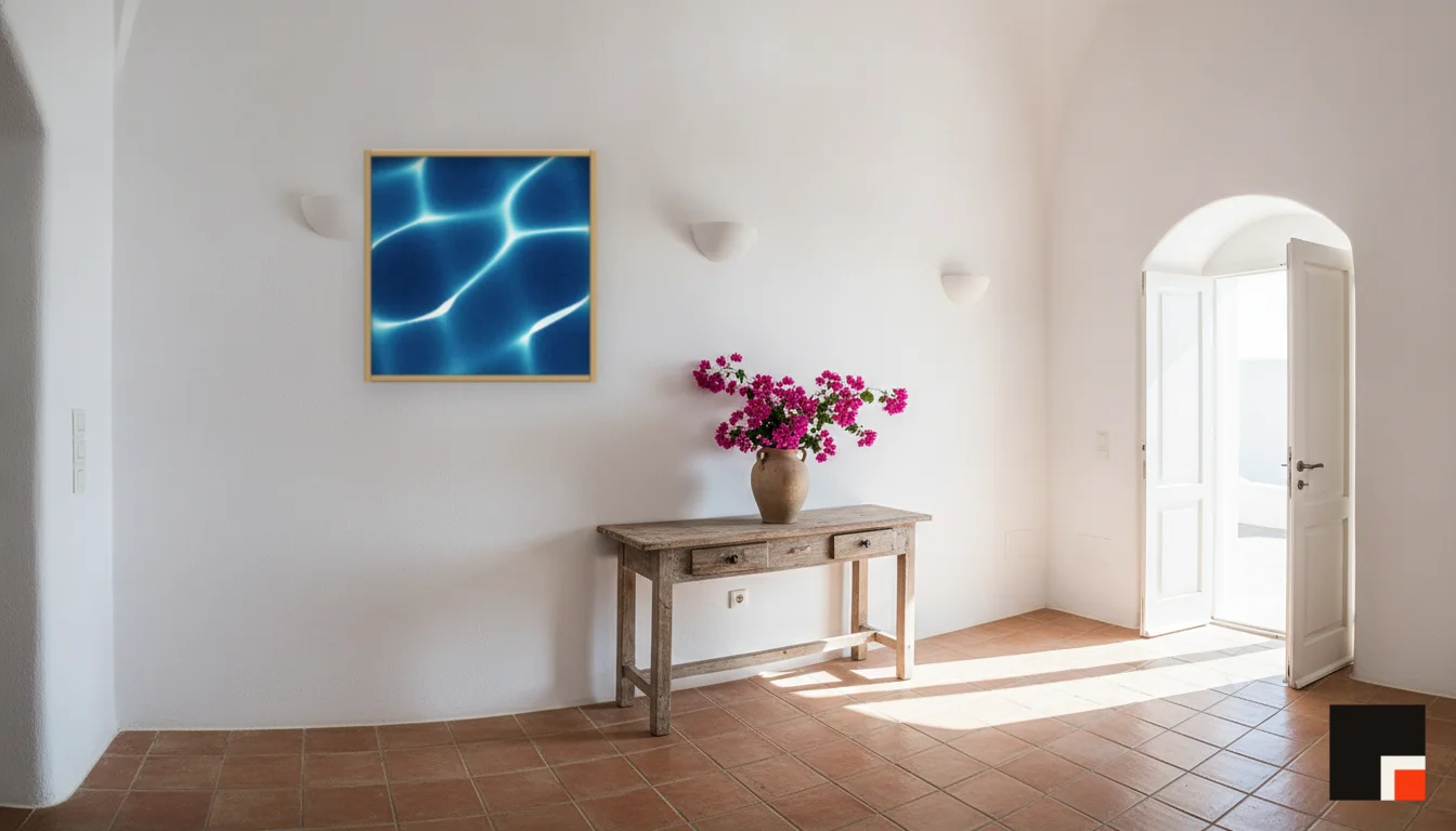 A Lumen & Logic artwork hanging in a Mediterran hotel interior — Cliffside villa · Santorini