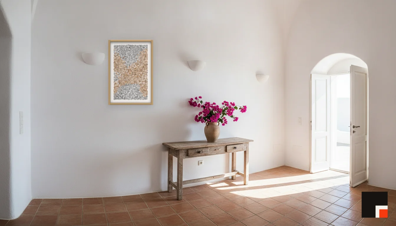 A Lumen & Logic artwork hanging in a Mediterran hotel interior — Cliffside villa · Santorini