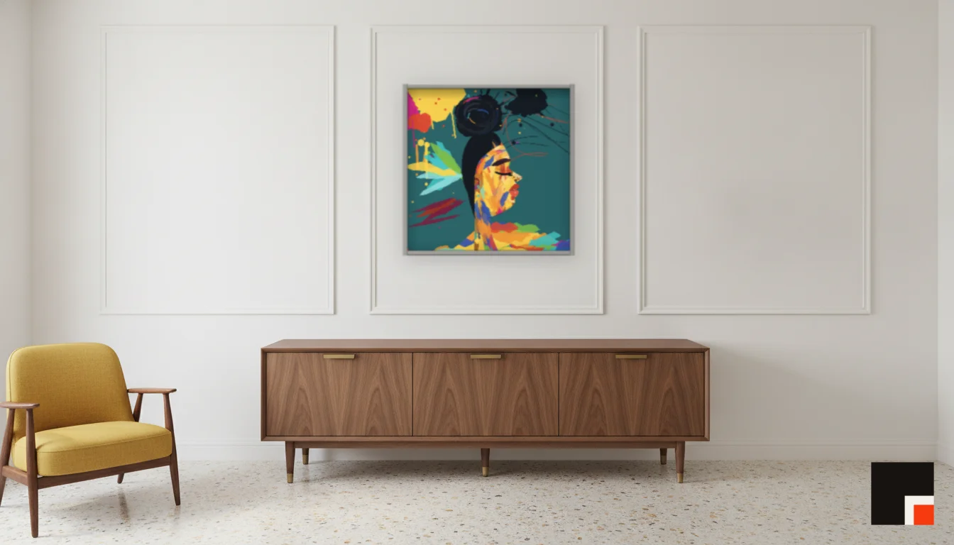 A Lumen & Logic artwork hanging in a Mid-Century hotel interior — Executive suite · Palm Springs
