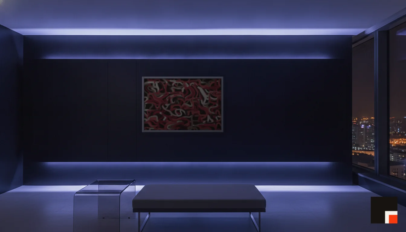 A Lumen & Logic artwork hanging in a Neon hotel interior — Skyband hub · Singapore