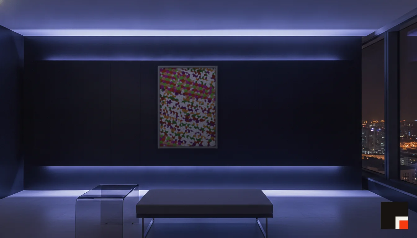 A Lumen & Logic artwork hanging in a Neon hotel interior — Skyband hub · Singapore