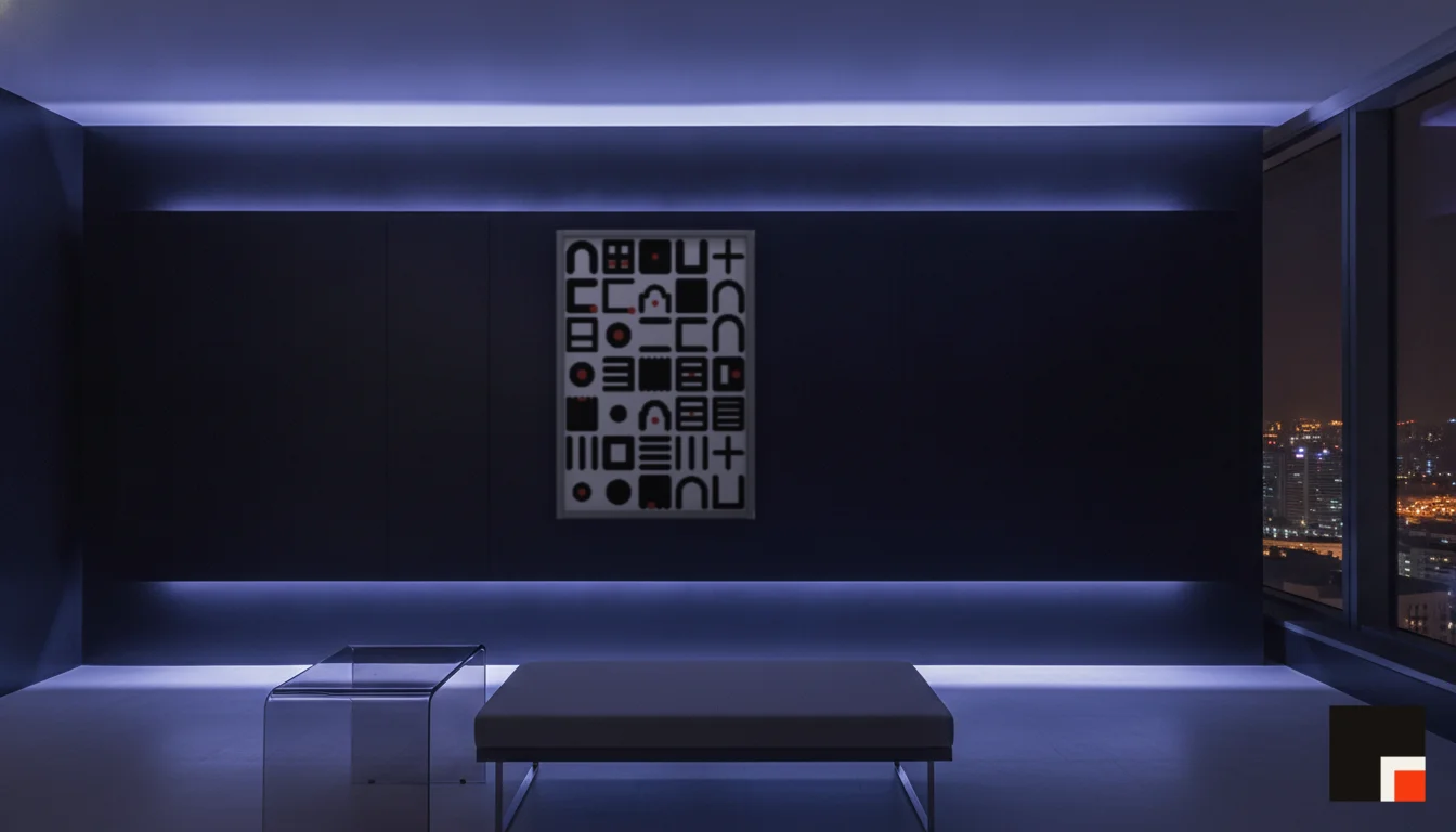 A Lumen & Logic artwork hanging in a Neon hotel interior — Skyband hub · Singapore