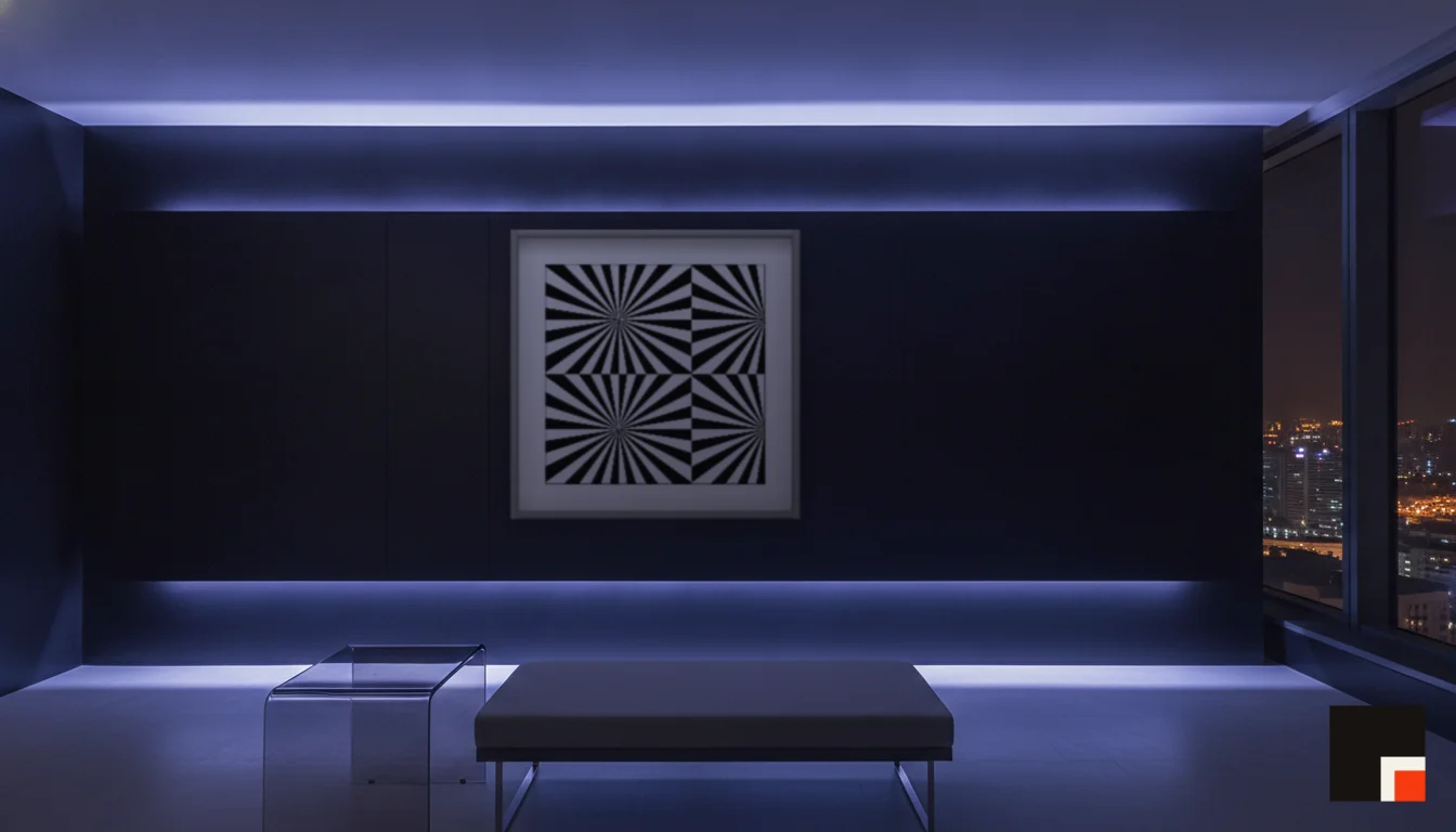 A Lumen & Logic artwork hanging in a Neon hotel interior — Skyband hub · Singapore