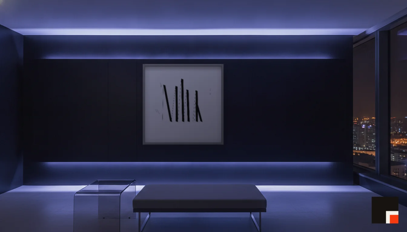 A Lumen & Logic artwork hanging in a Neon hotel interior — Skyband hub · Singapore