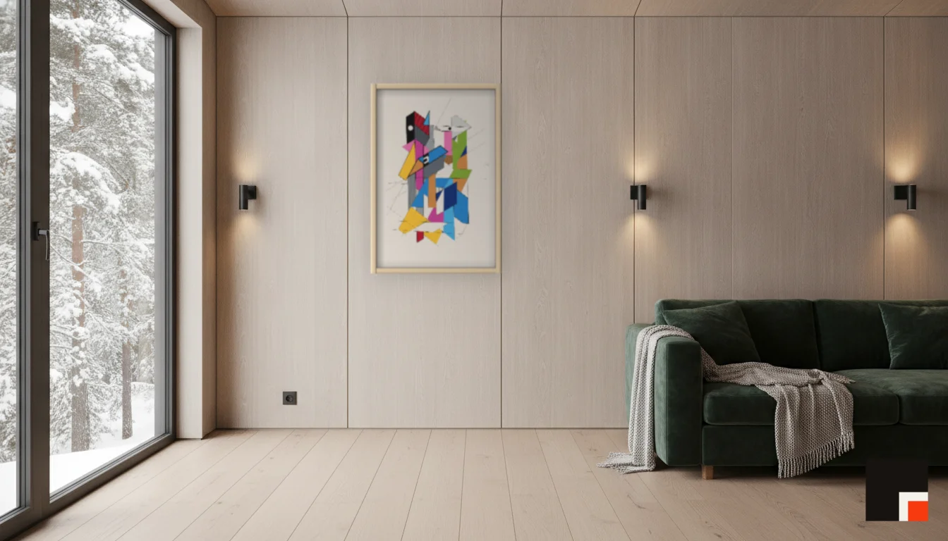 A Lumen & Logic artwork hanging in a Nordic hotel interior — Forest lodge · Lapland