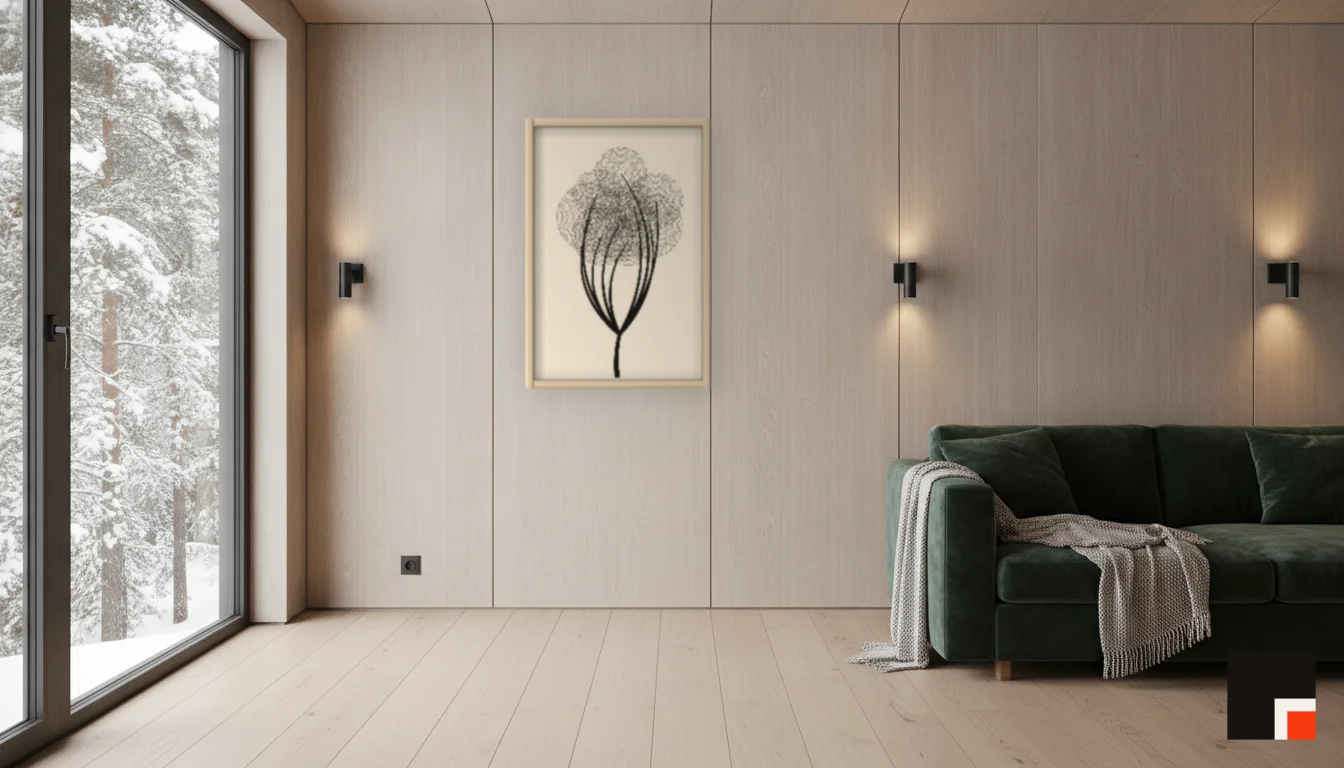 A Lumen & Logic artwork hanging in a Nordic hotel interior — Forest lodge · Lapland