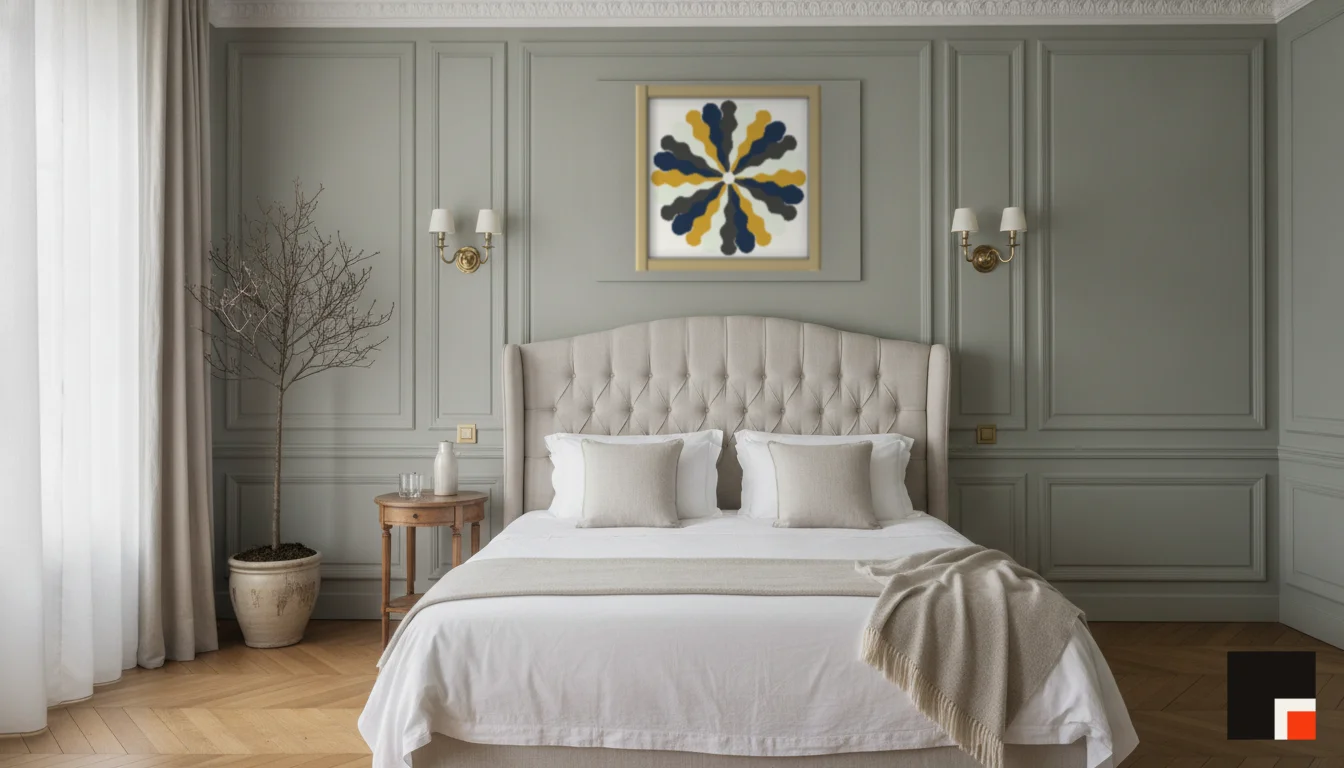 A Lumen & Logic artwork hanging in a Parisian hotel interior — Boiserie bedroom · Paris