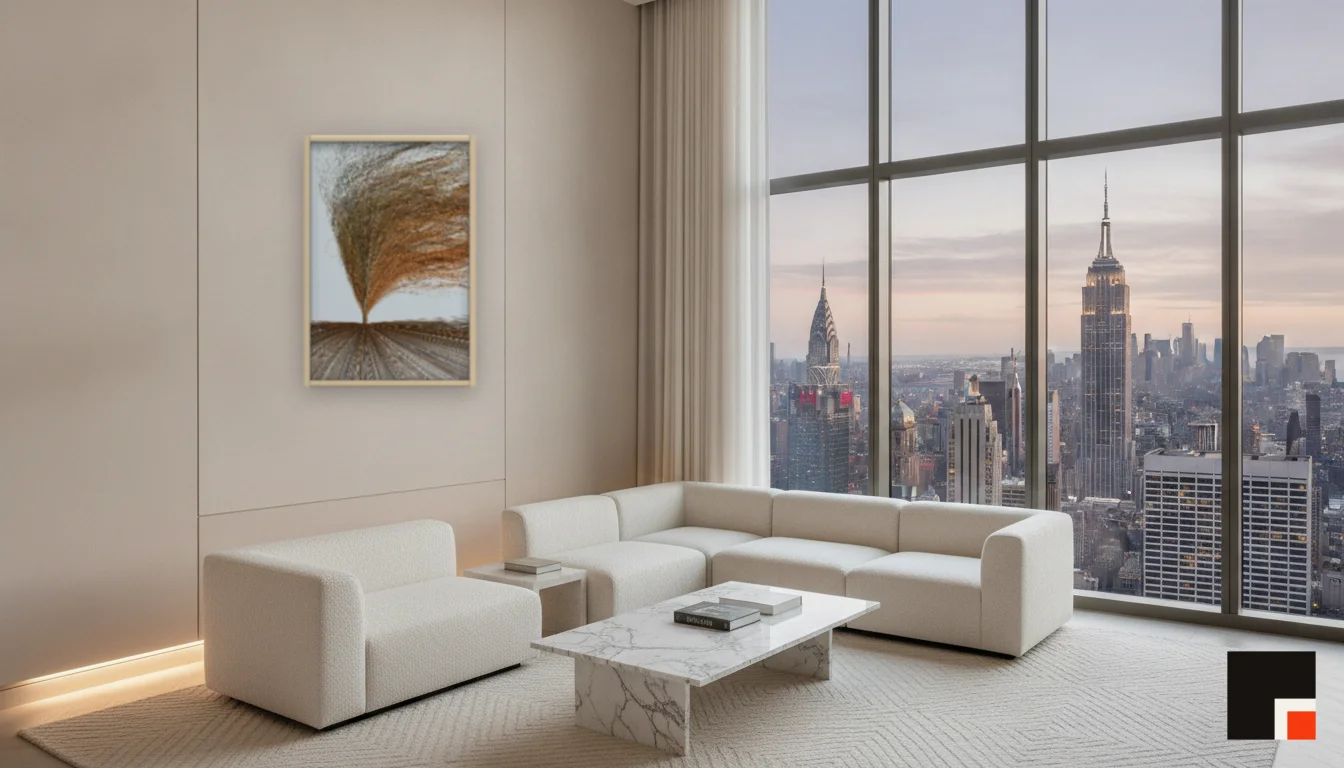 A Lumen & Logic artwork hanging in a Penthouse hotel interior — Penthouse lounge · New York