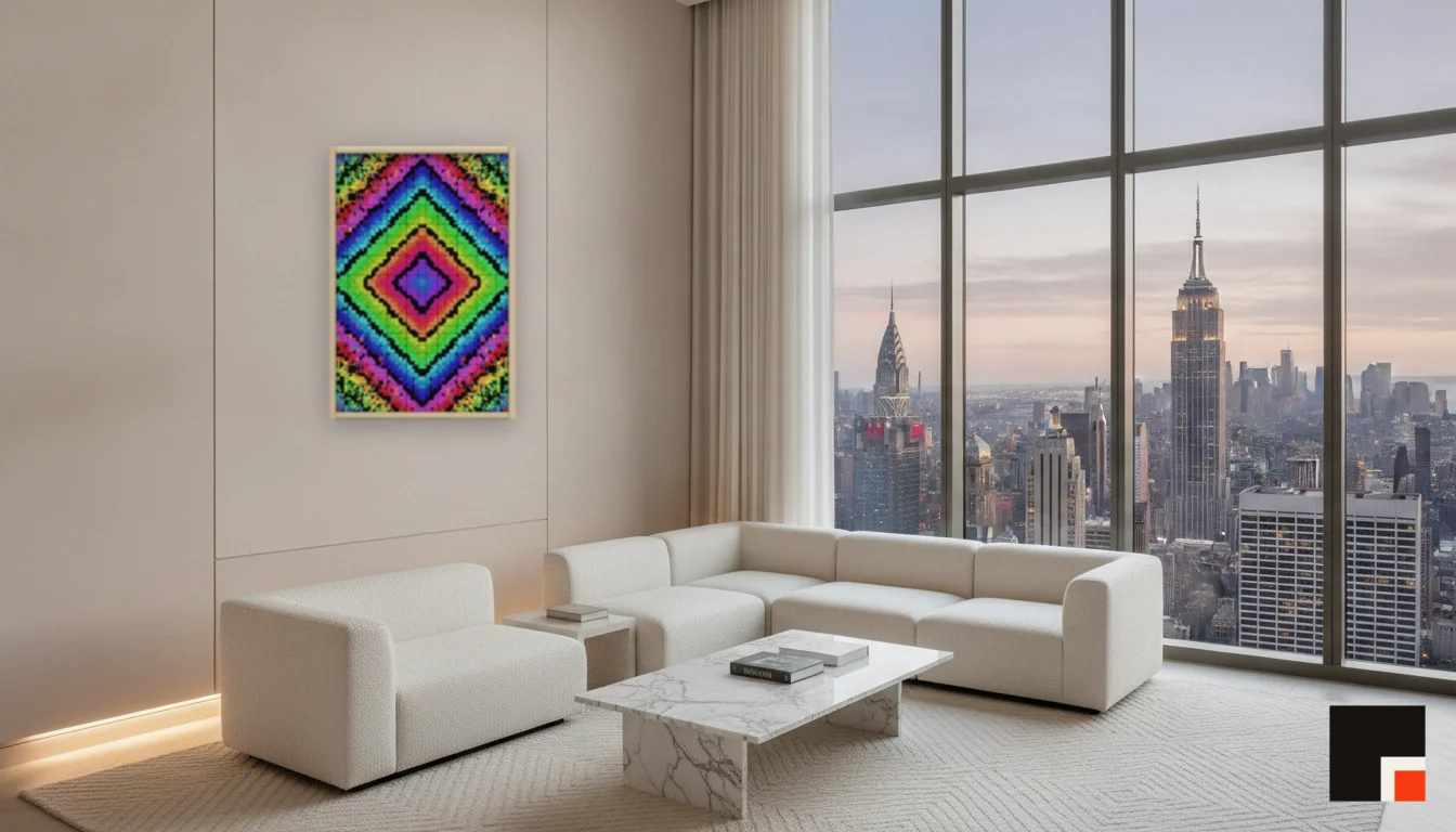 A Lumen & Logic artwork hanging in a Penthouse hotel interior — Penthouse lounge · New York