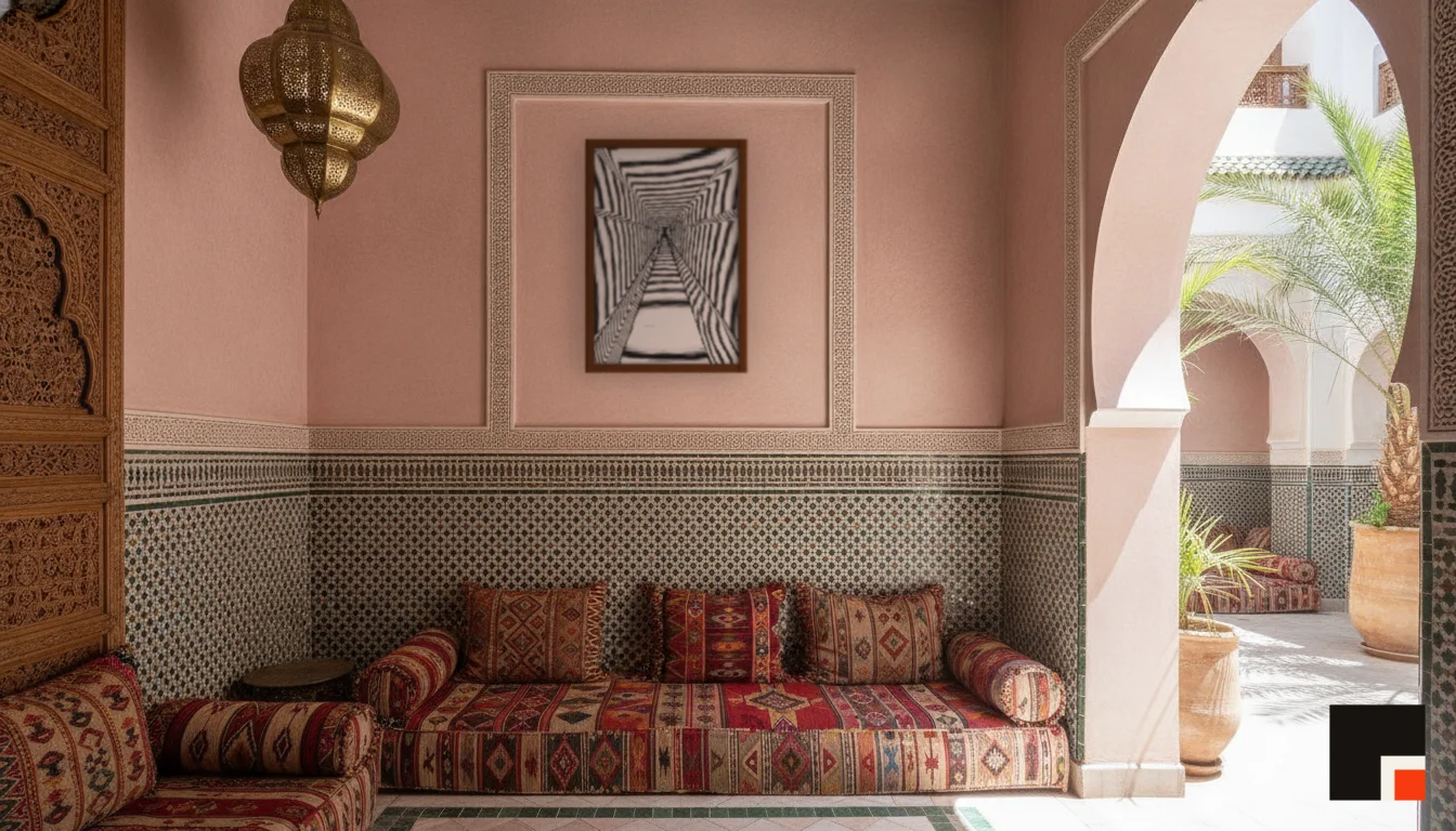A Lumen & Logic artwork hanging in a Riad hotel interior — Courtyard salon · Marrakech