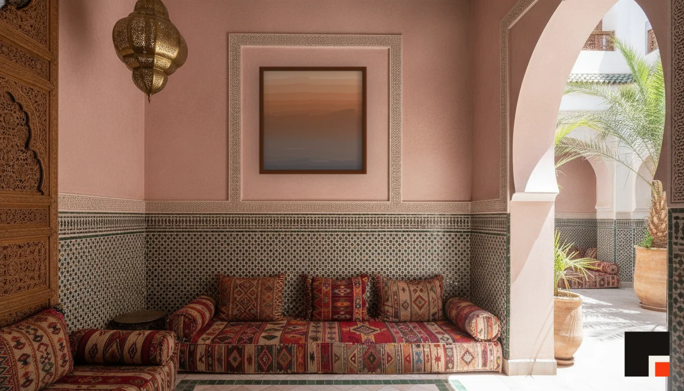 A Lumen & Logic artwork hanging in a Riad hotel interior — Courtyard salon · Marrakech