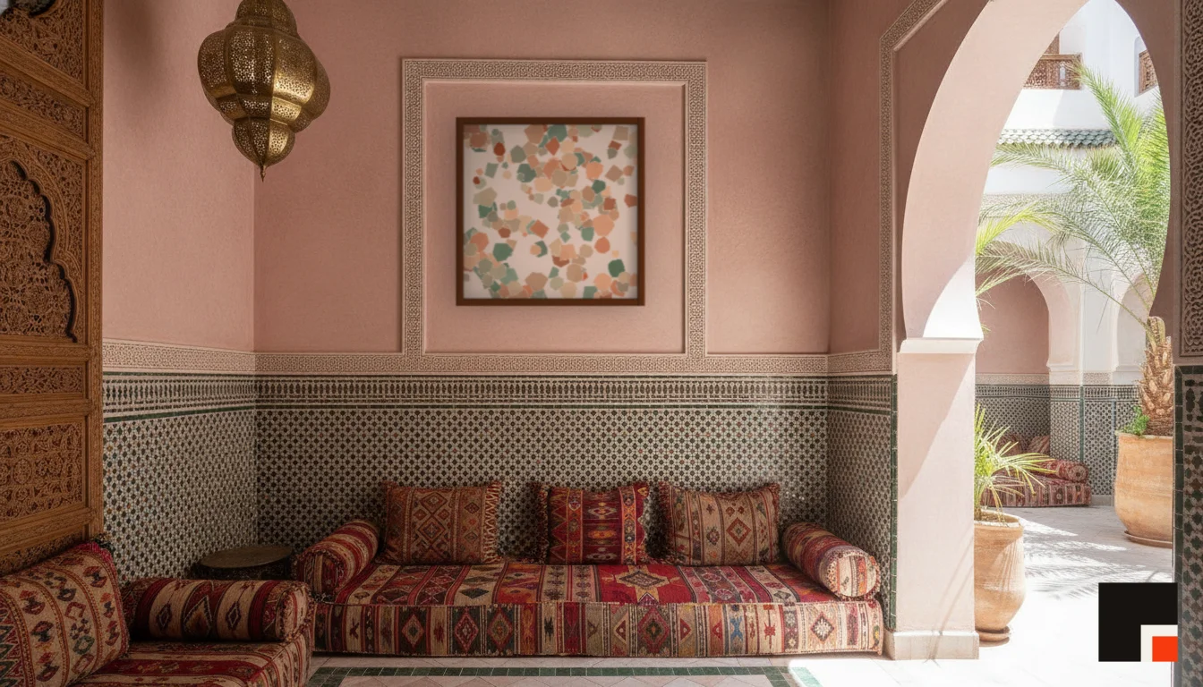 A Lumen & Logic artwork hanging in a Riad hotel interior — Courtyard salon · Marrakech