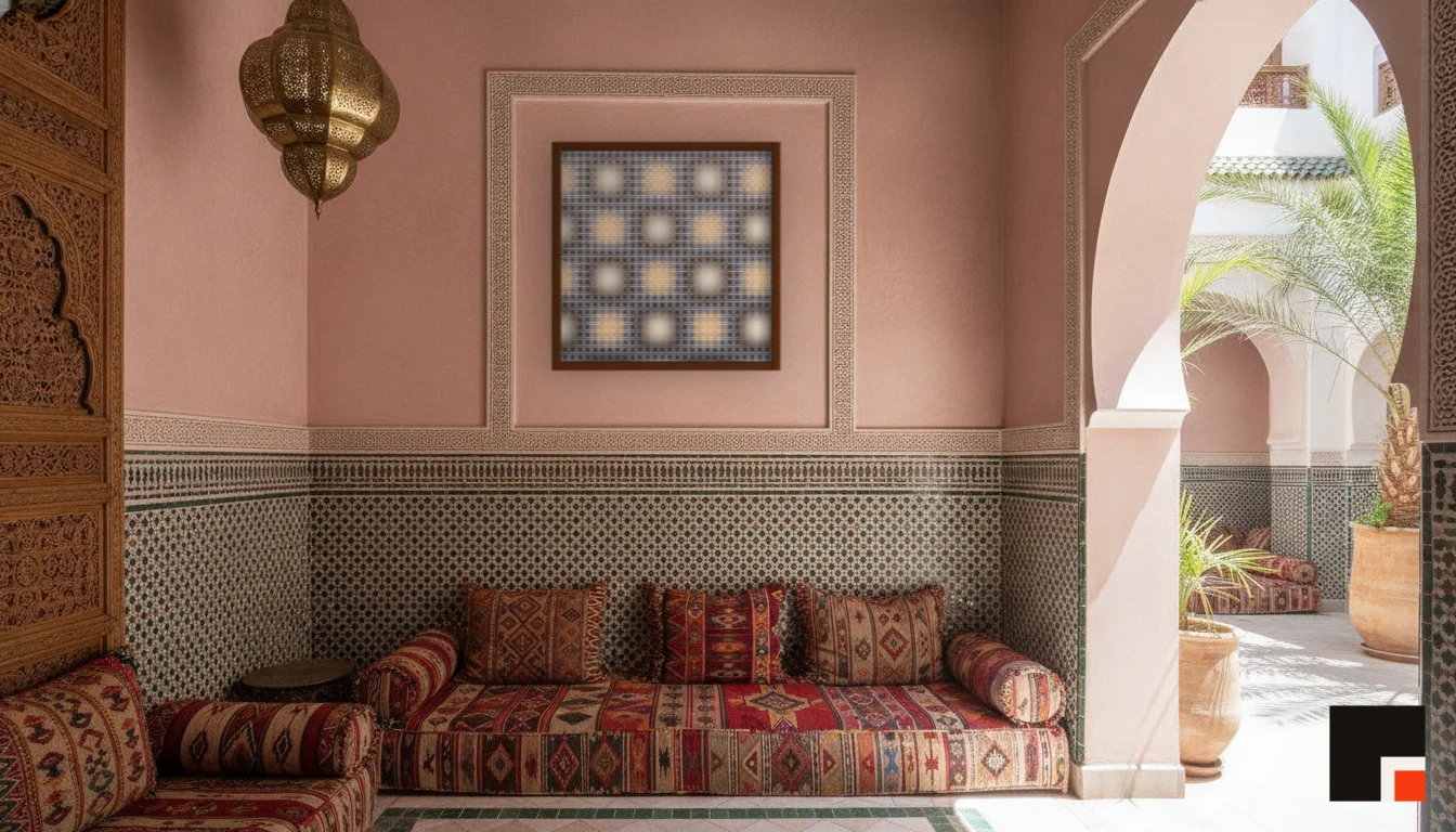 A Lumen & Logic artwork hanging in a Riad hotel interior — Courtyard salon · Marrakech