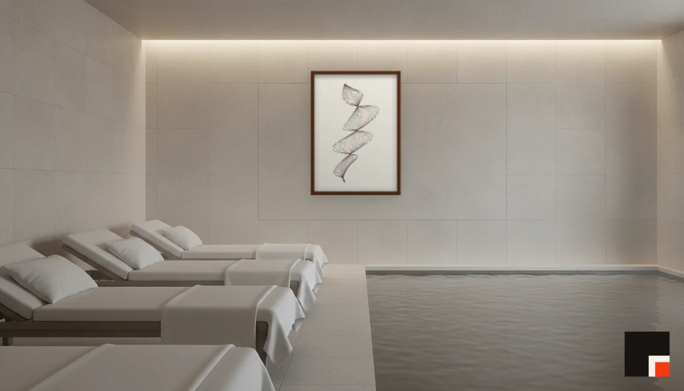 A Lumen & Logic artwork hanging in a Spa hotel interior — Relaxation room · Baden-Baden
