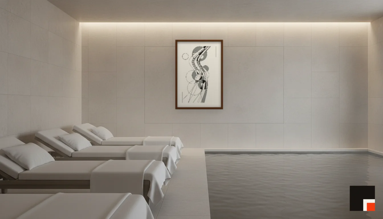 A Lumen & Logic artwork hanging in a Spa hotel interior — Relaxation room · Baden-Baden